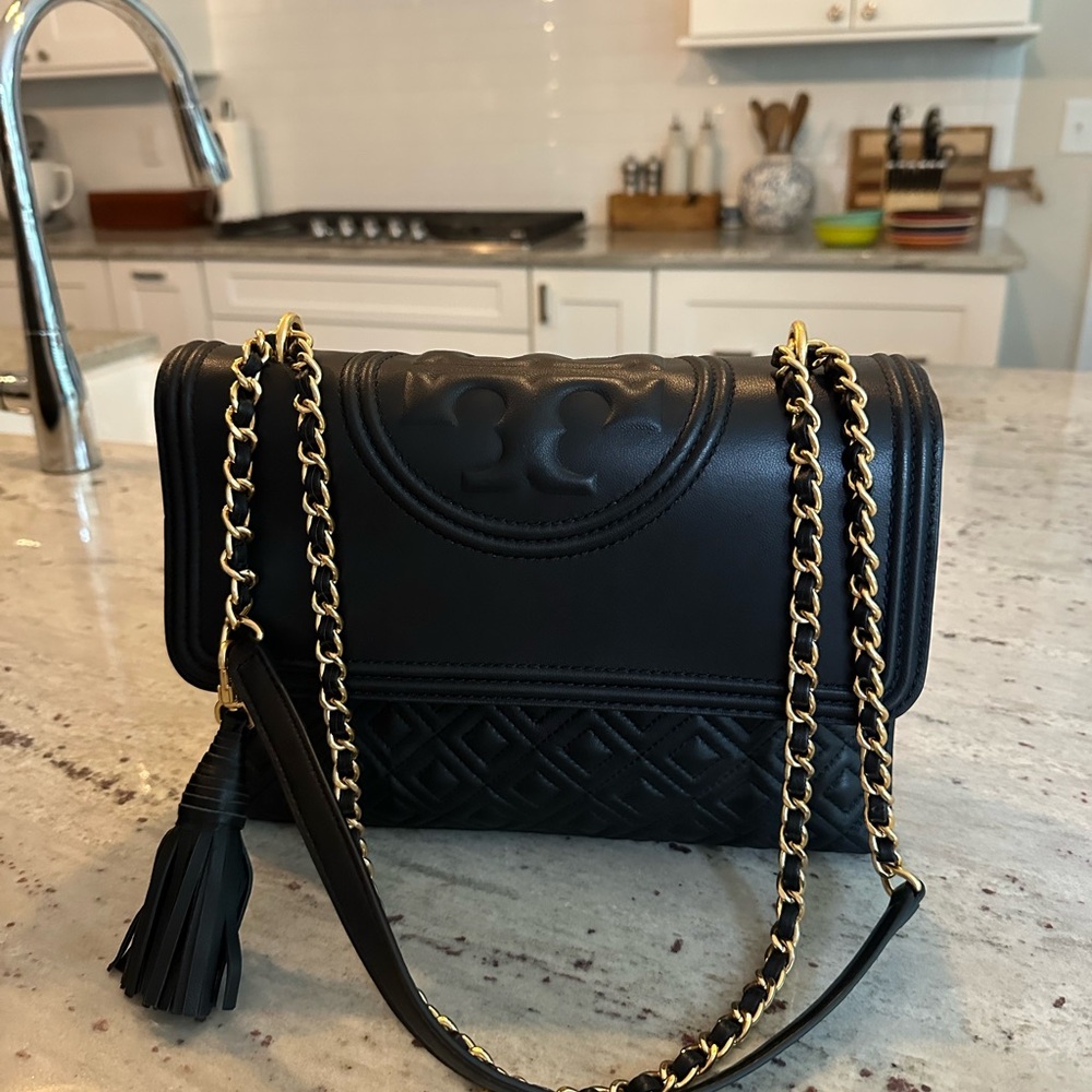 Tory Burch Medium Fleming Black Leather Crossbody Bag